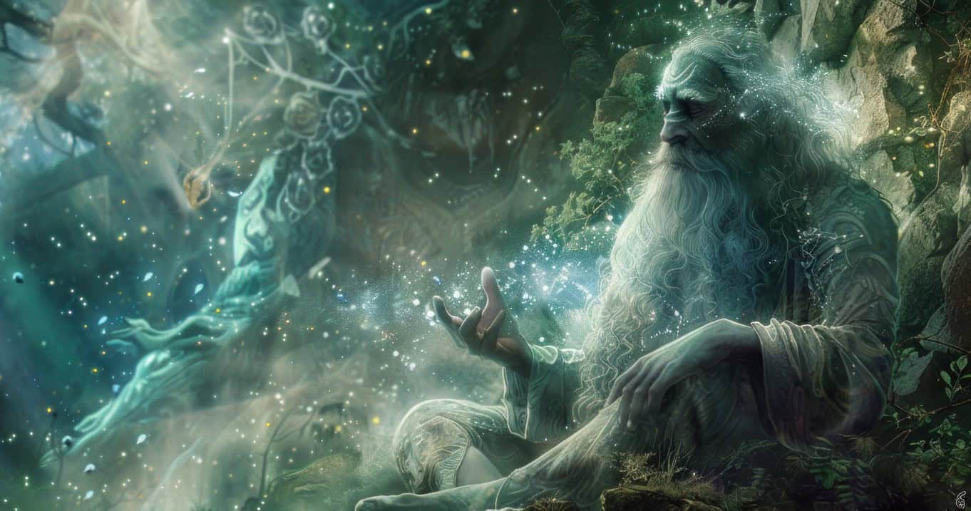 Starobylý čarodej meditujúci v mystickom lese so žiariacimi symbolmi a magickou energiou.
